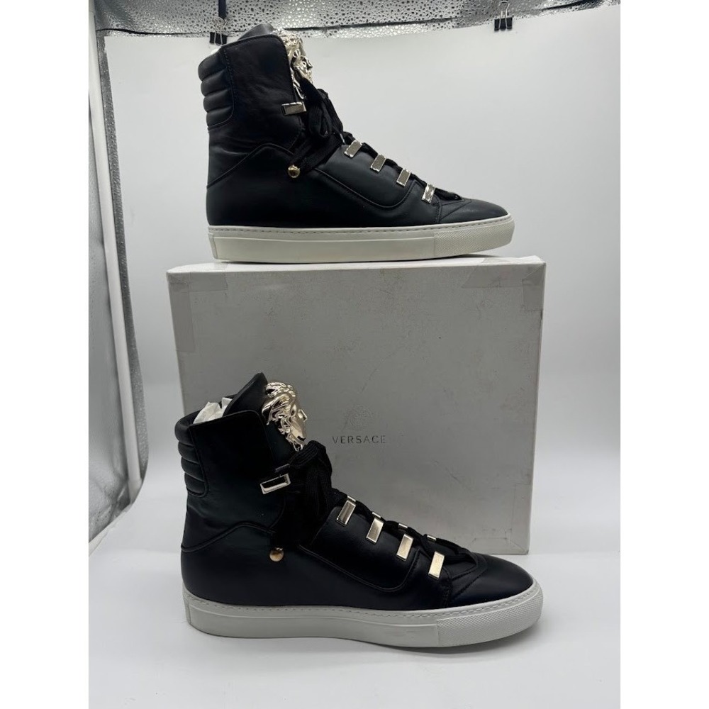Versace Medusa Head High Top Sneakers Black Leather Gold Hardware Unisex IT 40